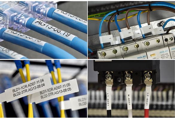 Four images of different Brother labels and heat shrink tube being used for cable identification