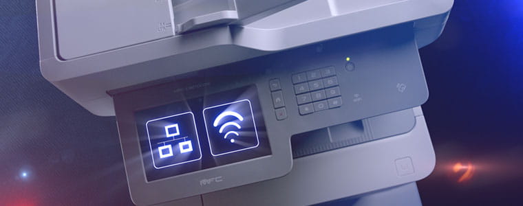 Brother MFC-L9570CDW professional multifunction printer with network and WiFi icon on touchscreen