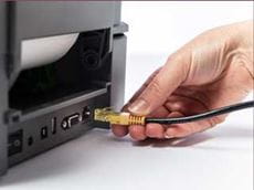 Ethernet cable being plugged into the rear port of a Brother TD-4D label printer