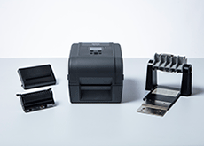 TD-4T desktop label printer with peeler cutter and external roll holder accessories