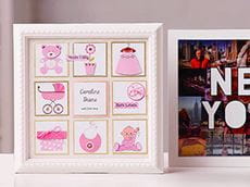 A photo frame with 9 individual full colour labels produced on the Brother Design and Craft label printer 