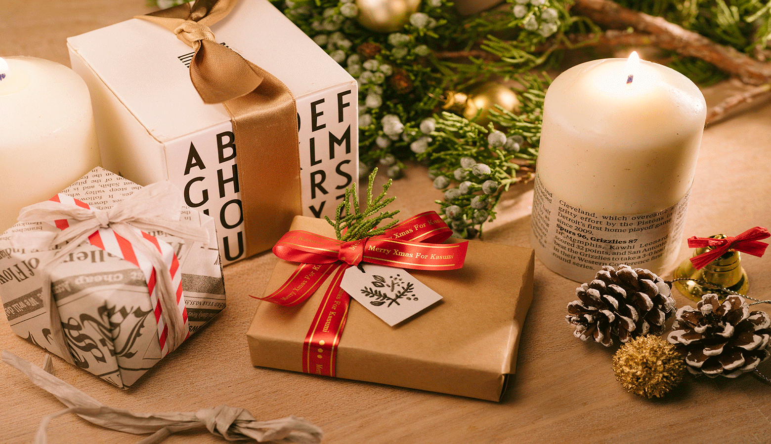 labelled christmas presents on a wooden table 