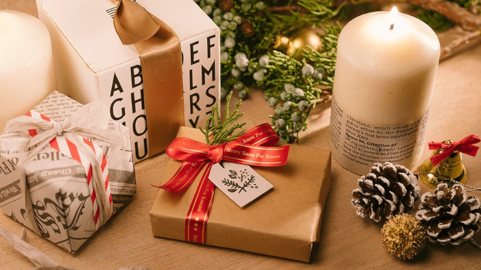Christmas gift box with red ribbon
