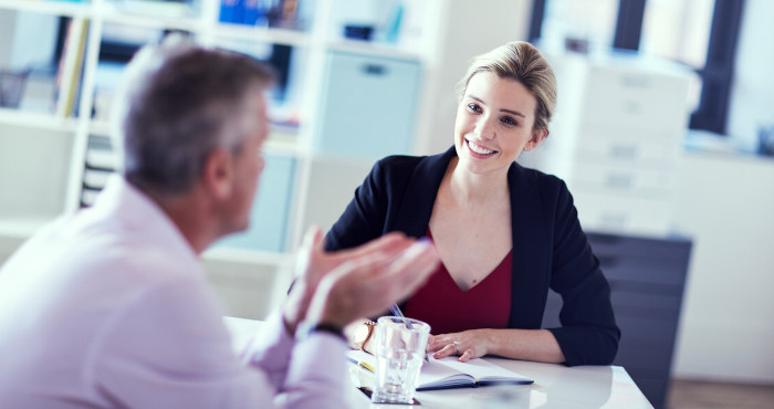 Woman and man talking
