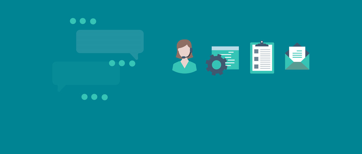 Teal background with filled with icons, speech bubbles, person with headset, envelope, check list