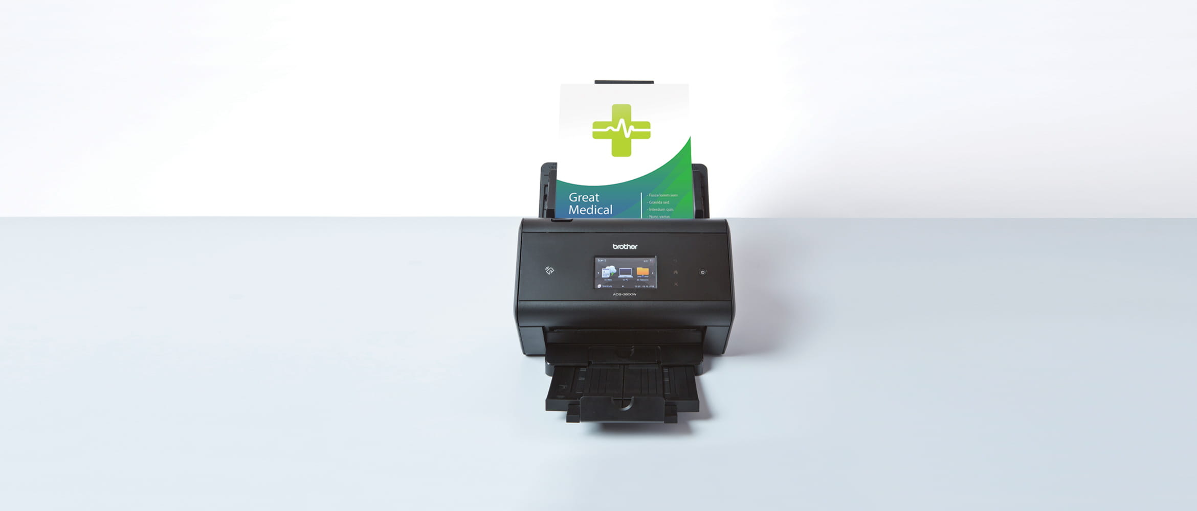 ADS Brother scanner on white background with medical document scanning