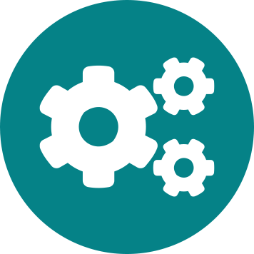 Three white cogs icon on teal circle background 