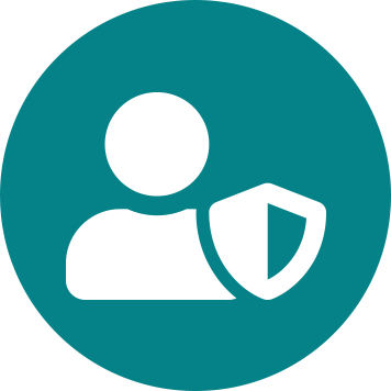 White person and shield icon on teal circle background 