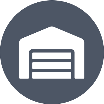 Grey circle with white warehouse icon
