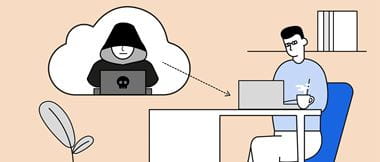 Illustration of a man using a laptop computer while sat at a desk in a home office environment with a hacker attempting to access his data through the cloud