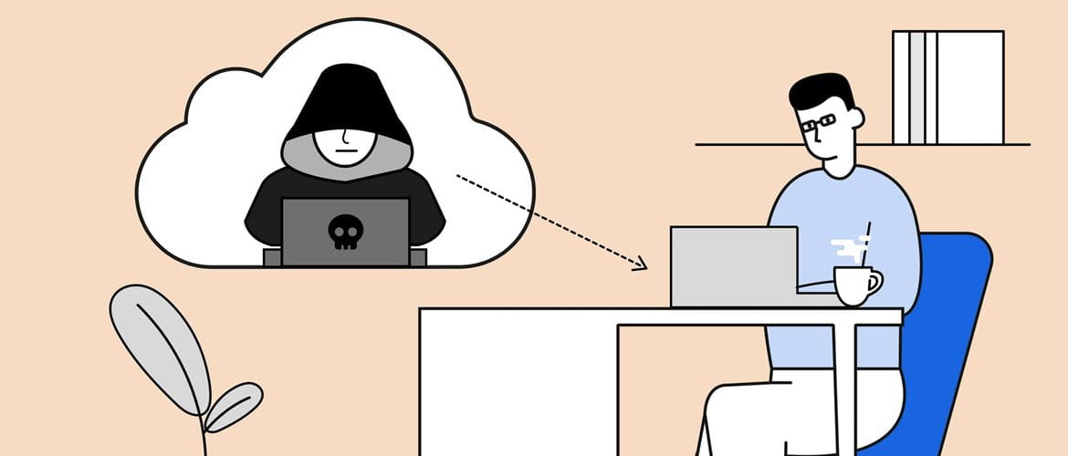 Illustration of a man using a laptop computer while sat at a desk in a home office environment with a hacker attempting to access his data through the cloud
