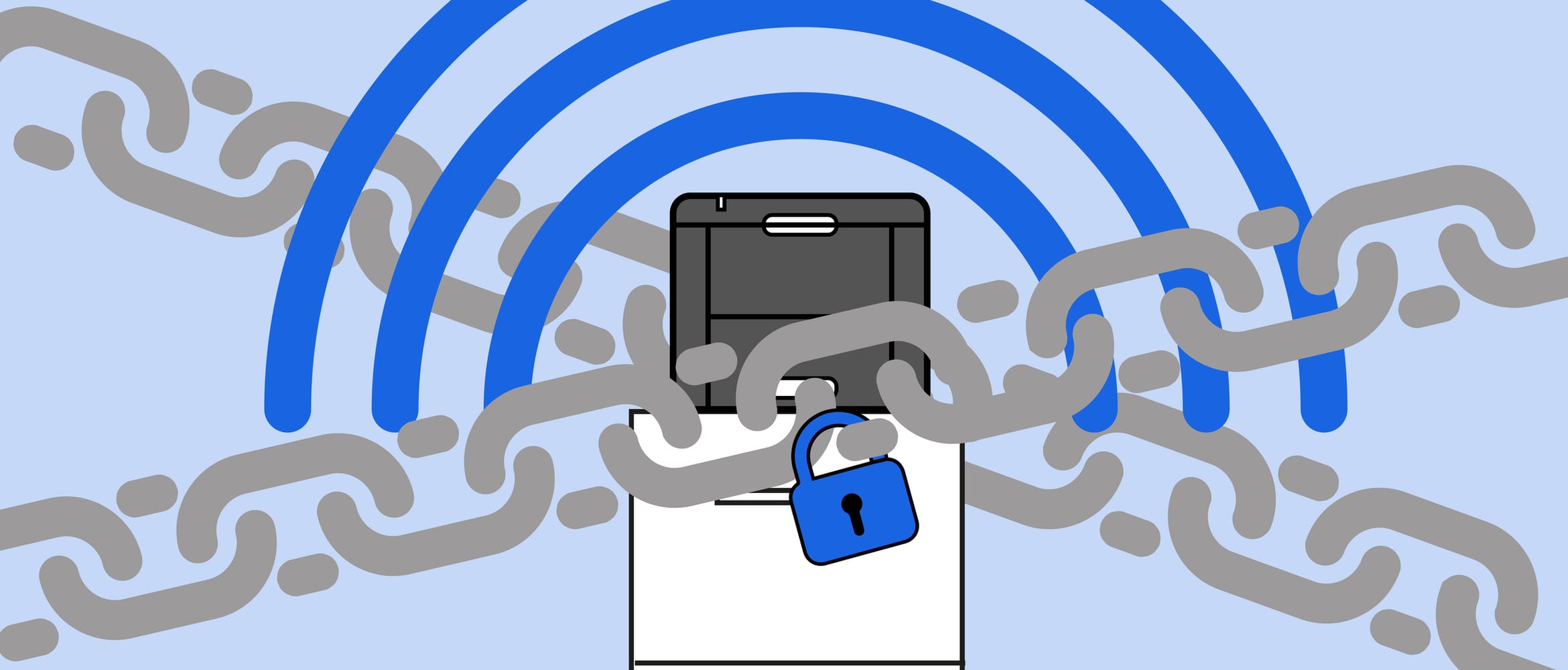 Illustration of a wireless home network printer padlocked and surrounded by chains