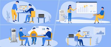 An illustrated grid of four hybrid working environments depicting the deployment of Brother's managed print services across a dispersed workforce
