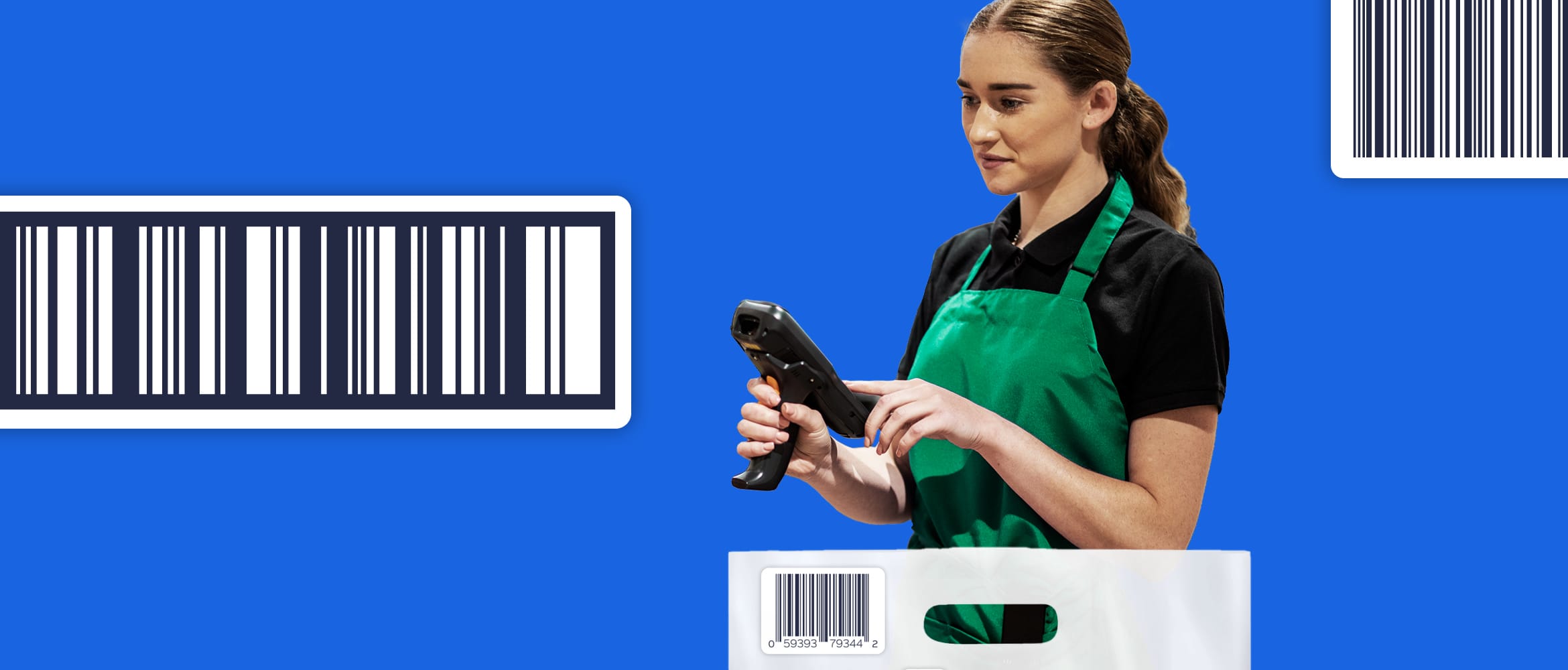 A female supermarket worker wearing a green apron is using a Brother mobile label printer, superimposed on a barcode illustrated blue background