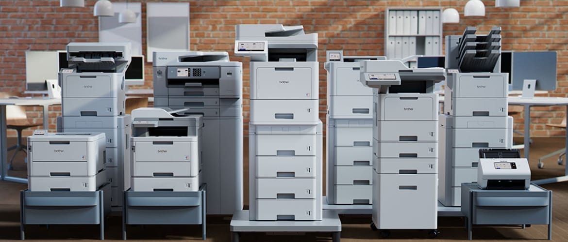Brother's full printer line-up in a brick office
