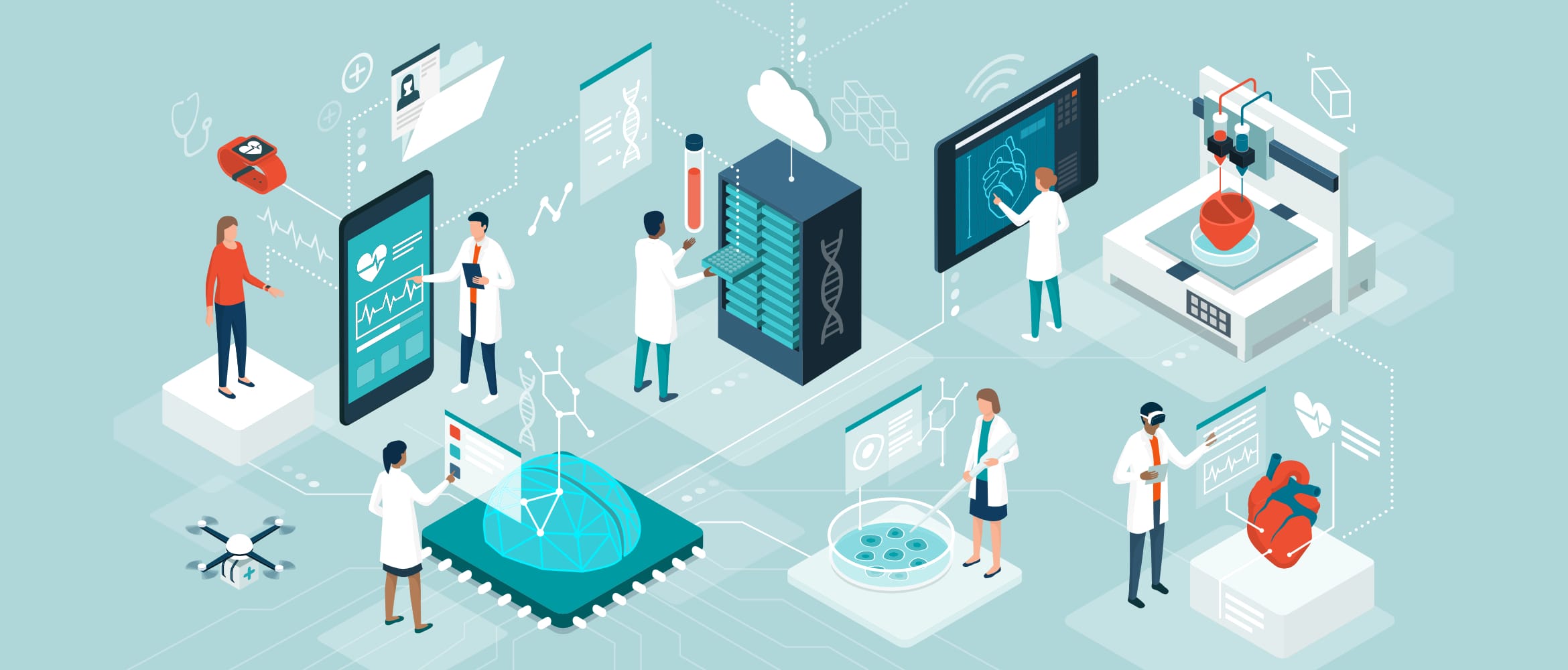 Illustration of doctors and researchers using innovative technologies for medicine and healthcare safety