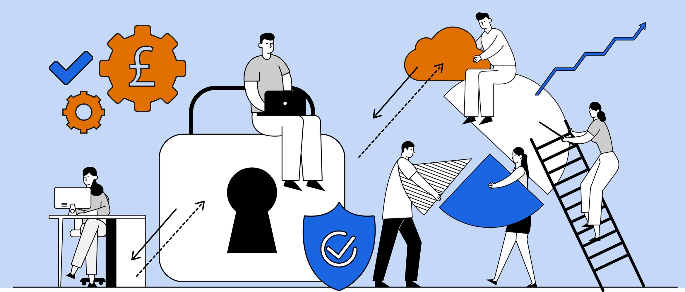 Illustration of six people working amongst several cloud security icons and chart elements to represent how hybrid working is it changing the face of business IT security