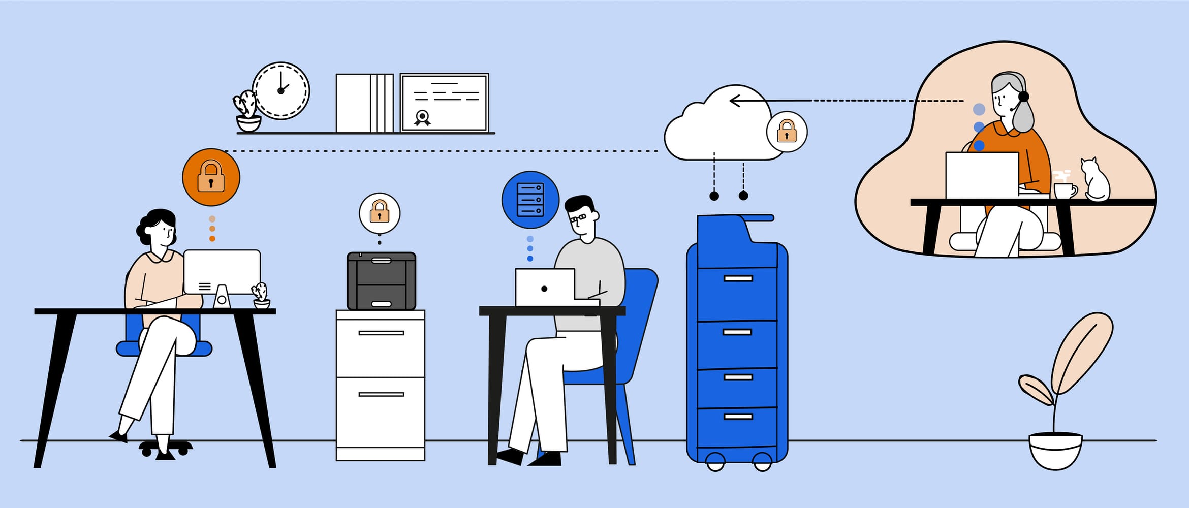 Illustration of two work colleagues using on-premise software in an office environment vs a woman using cloud software while working remotely