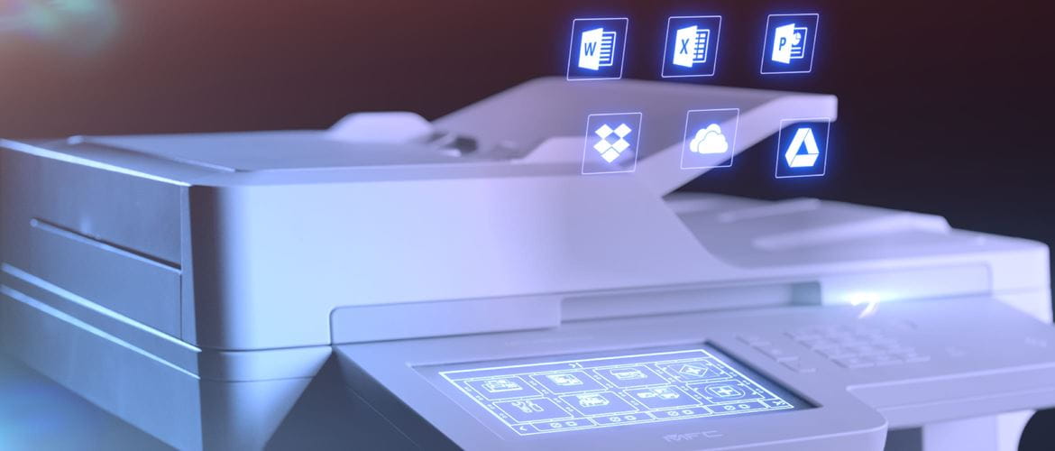 Multifunction printer with Brother Scan to Office and Web Connect compatible app icons