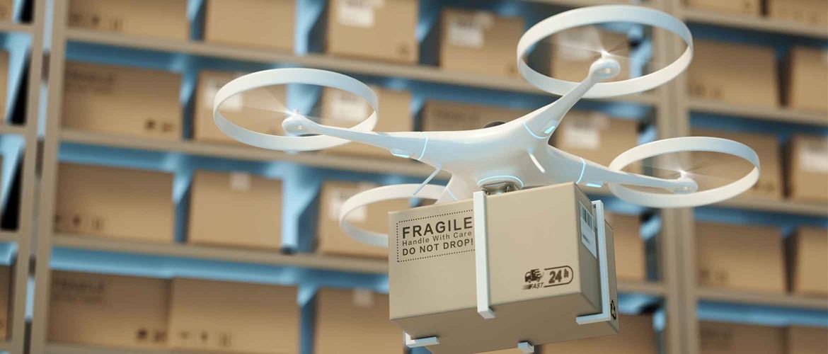 Drones carry express packages in warehouses