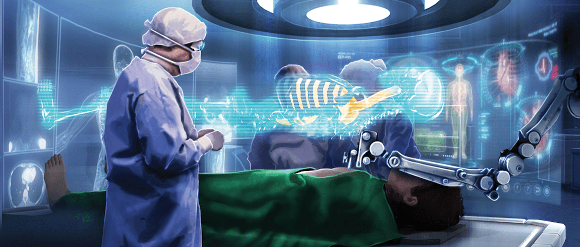 the future of hospital healthcare, a surgeon undertakes an operation assisted by a robot