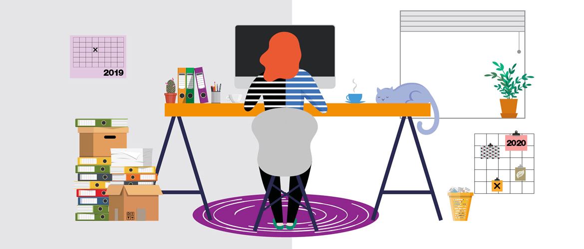 Illustration of a lady working at a trestle desk in a home office environment