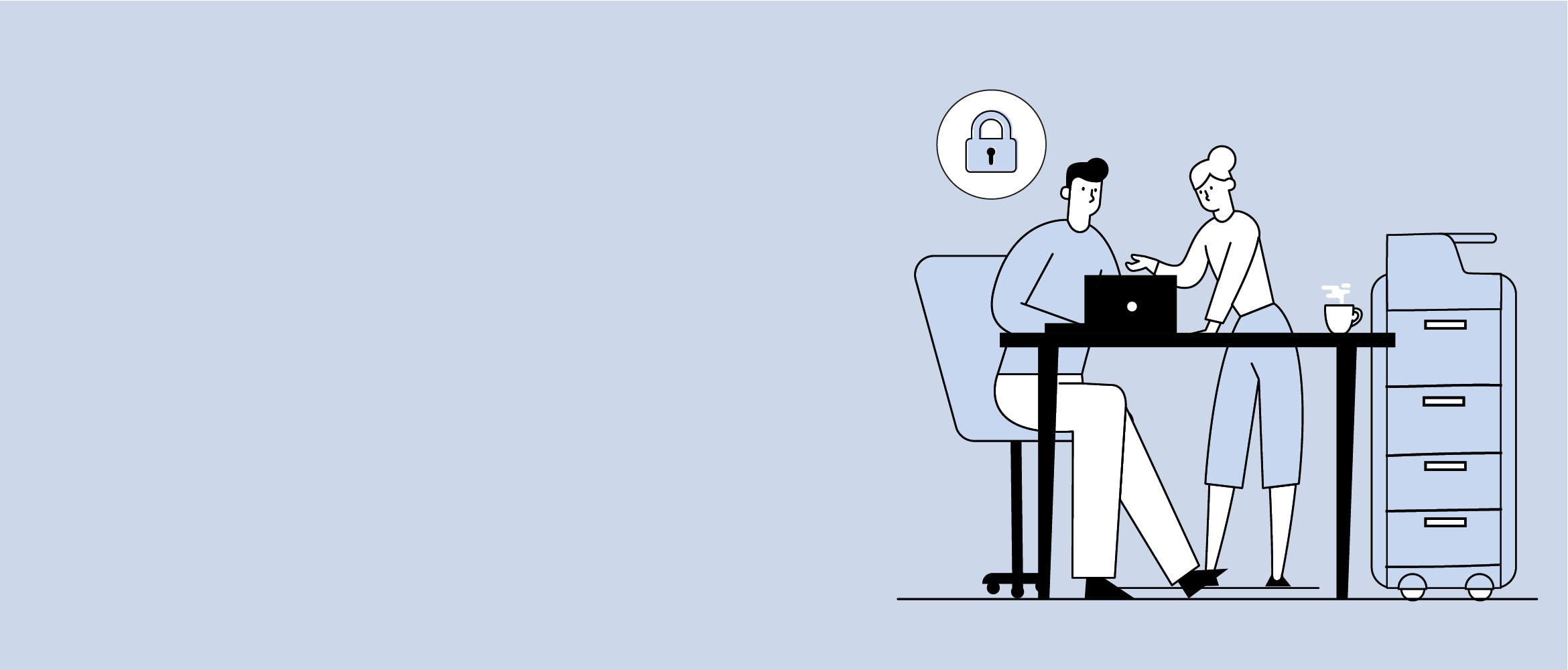 Illustration of a man and woman using a notebook computer at a desk with a padlock in a bubble above them and a large pinter to the side