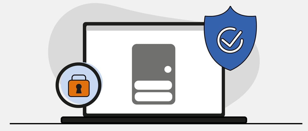 Illustration of a notebook computer displaying a remote server login window with overlaid padlock and security shield icons on each side of the screen