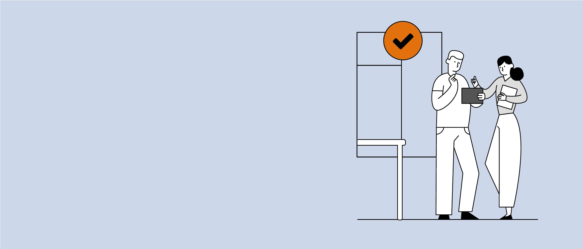 Illustration of a man and woman holding documents while standing next to a table in front of a window with a checkmark in a bubble above them