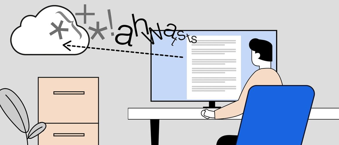 Illustration of a man sat at a desk in front of a computer display with a document being encrypted and sent securely to the cloud
