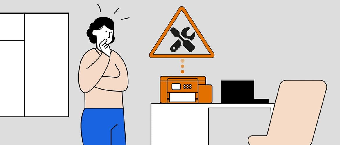 Illustration of a woman in a home office environment looking puzzled as her printer displays a maintenance alert
