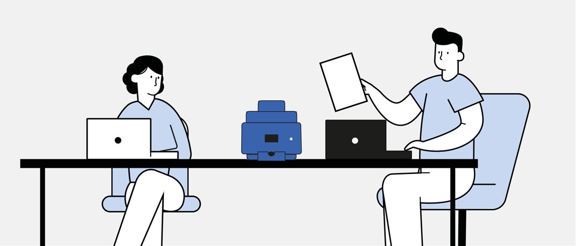 Illustration of two work colleagues sat at a table with notebook computers, one is holding a document up, ready to scan to a desktop scanner which is between them