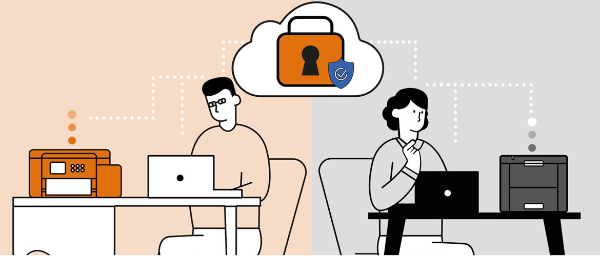 Illustration of a man and woman, each in a separate home office environment, exchanging data securely through a cloud network