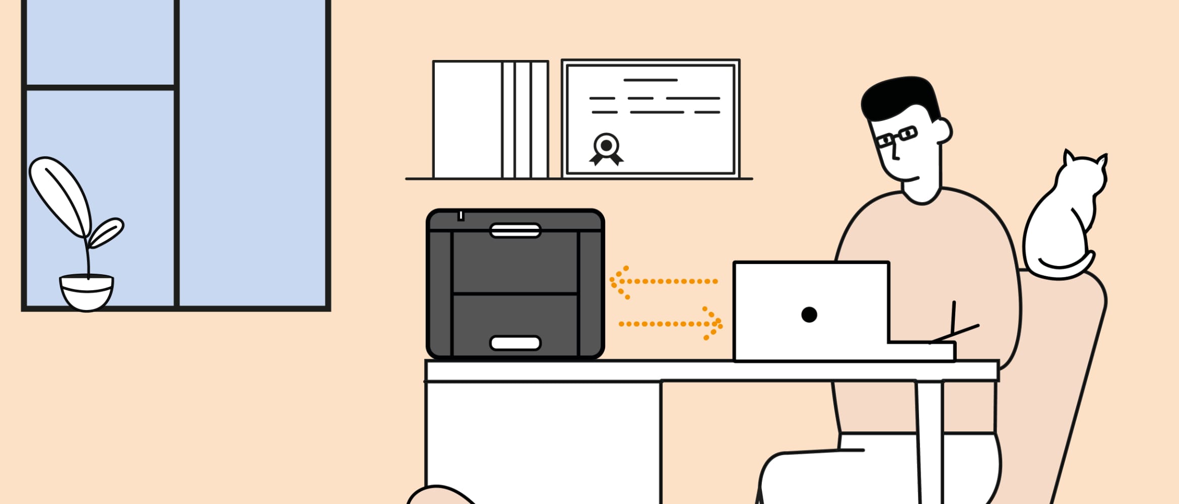 Illustration of a man using a notebook computer to communicate with a printer over a wireless network while sat at a desk in a home office environment