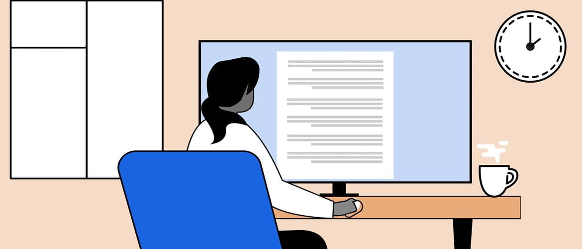 Illustration of a woman reading a working from home policy on a computer screen while sat at a desk in a home office environment
