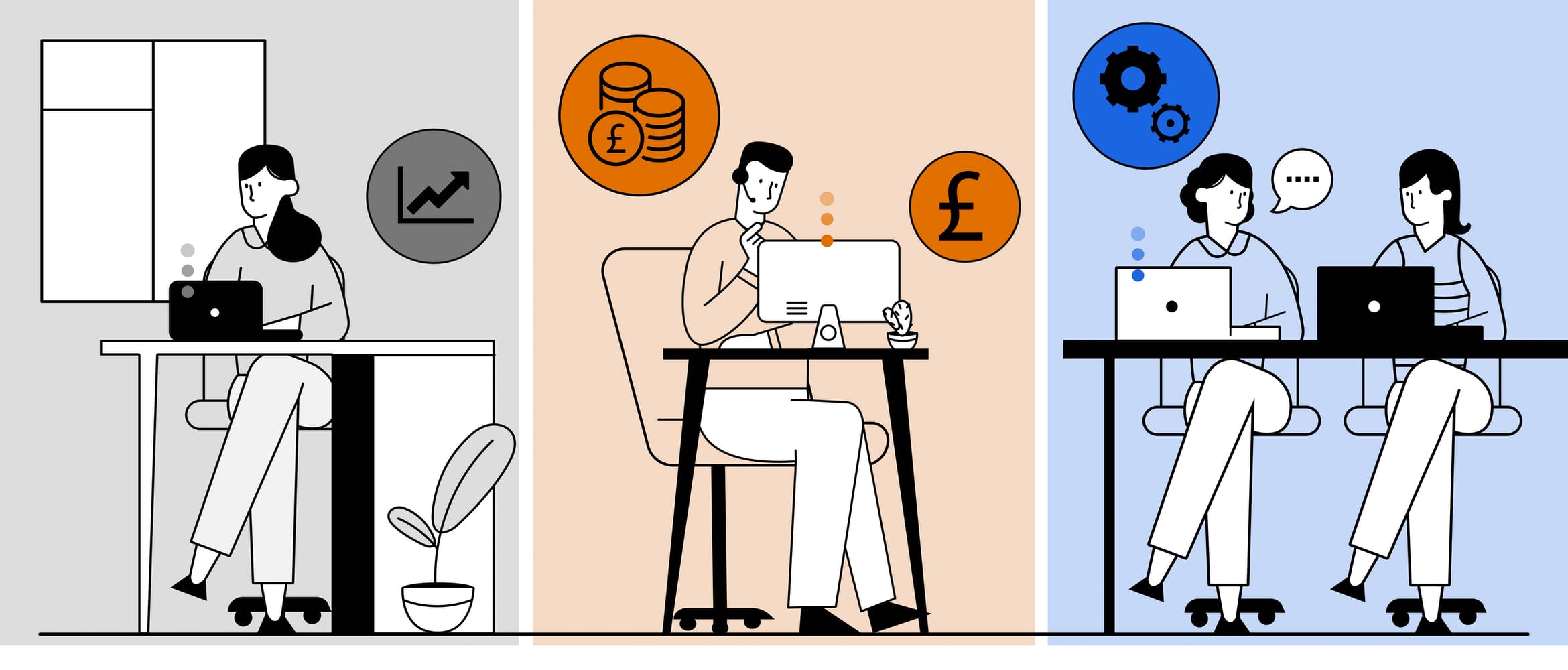 Illustration of three hybrid working scenarios - a lady working in a home environment, a man on a call at a helpdesk and two female colleagues having a discussion in an office environment