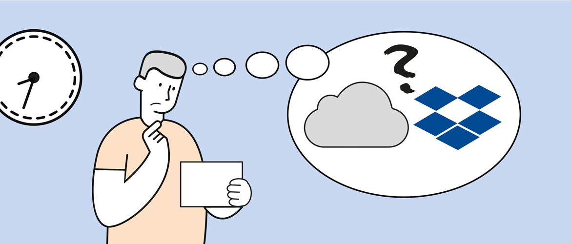 Illustration of a man looking pensive while holding a tablet device with a wall clock to his left and a thought bubble containing cloud, question mark and Dropbox icons to his right
