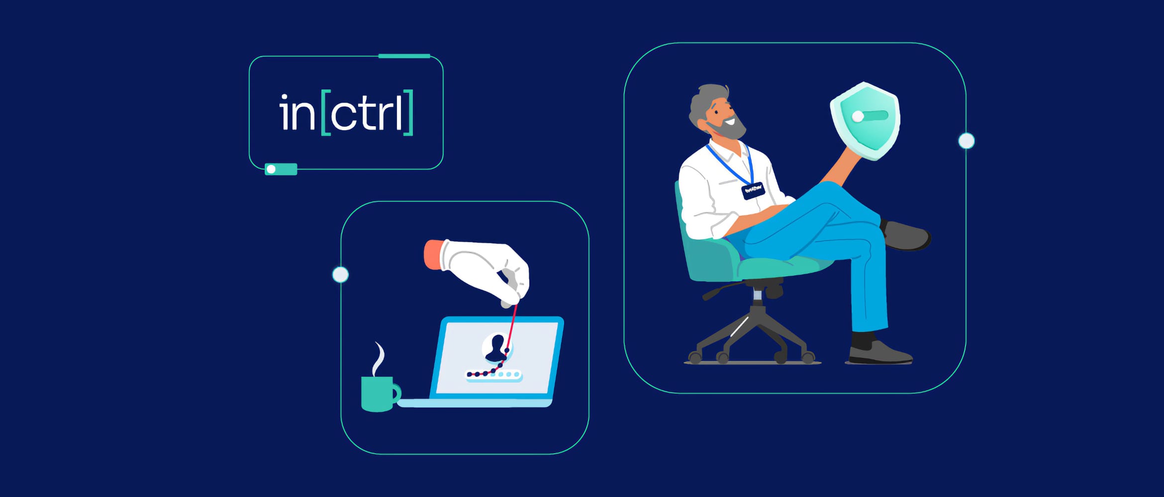 Illustration of a cyber-attacker's hand peeling a password off a laptop computer screen with an IT leader holding a shield while sat in a chair