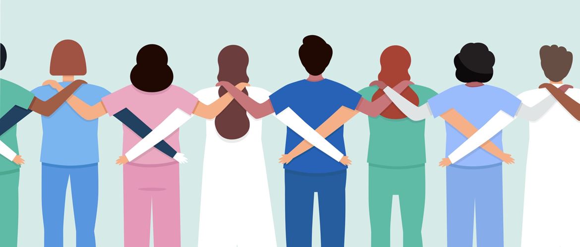 Illustration of the backs of a medical team in a row with their arms on each others shoulders to signify unity
