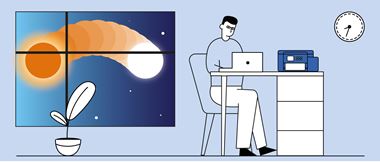 Illustration on a man using a notebook computer while sat at a desk in a home office environment, the sun is transitioning to the moon through a large window to his left