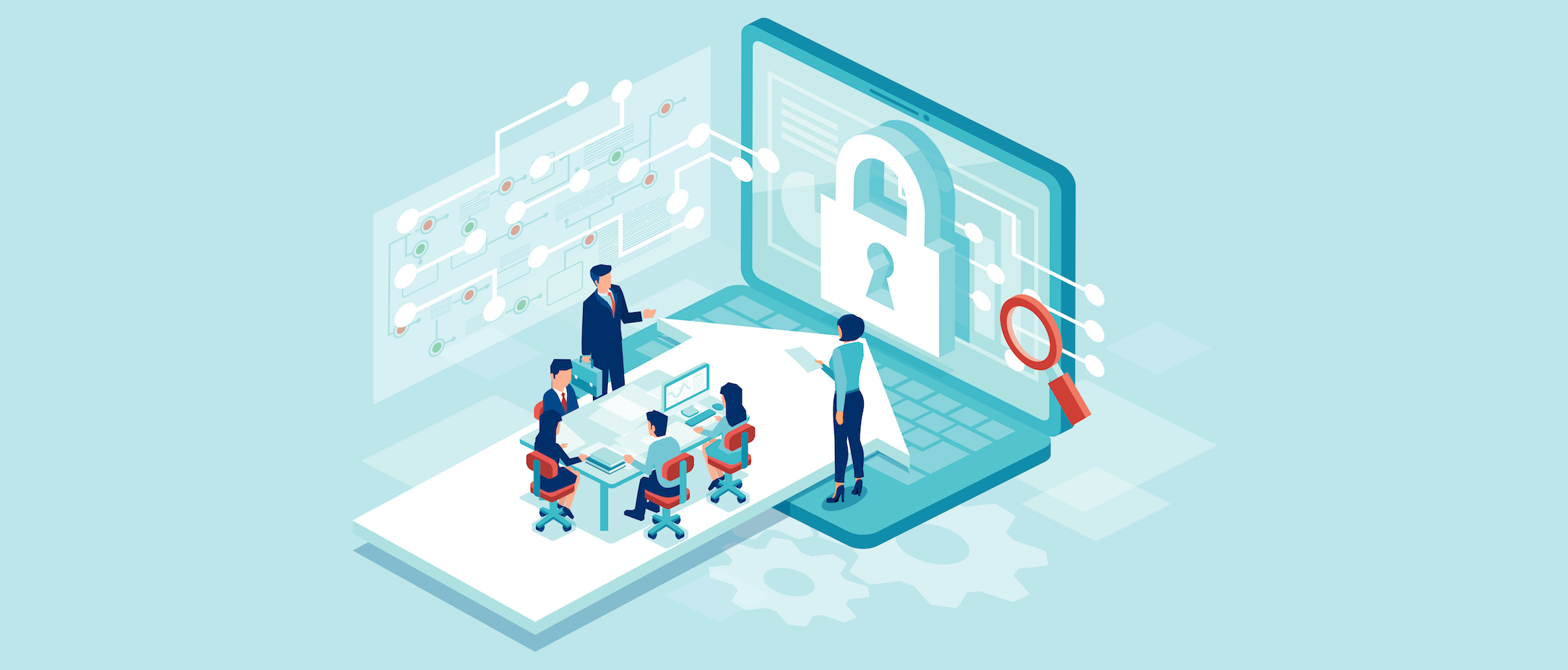 Illustration of a team working designing new software to protect data from cyberattacks