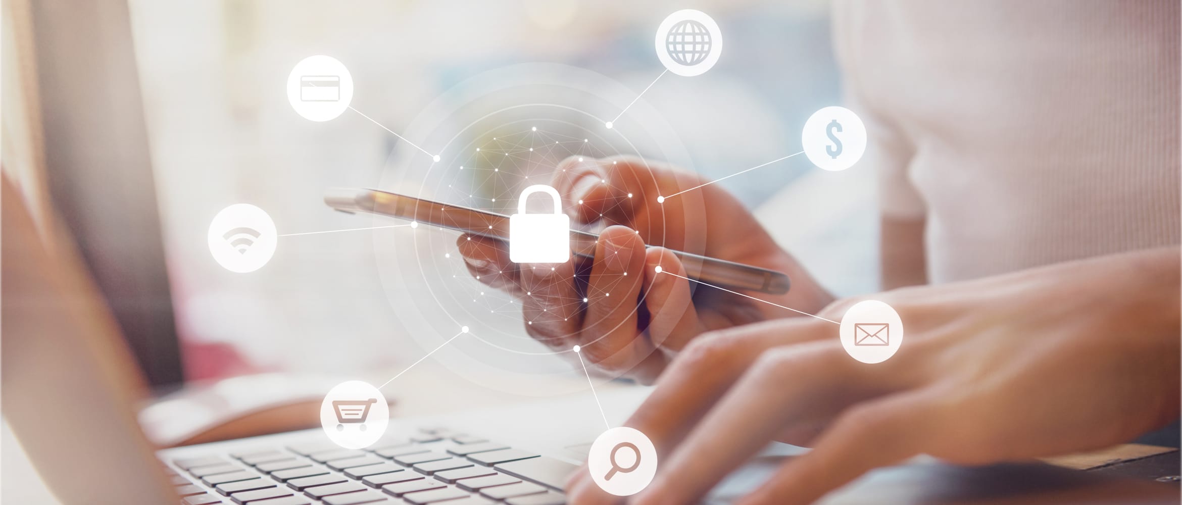 image of woman using a laptop and smartphone with security icons overlaid