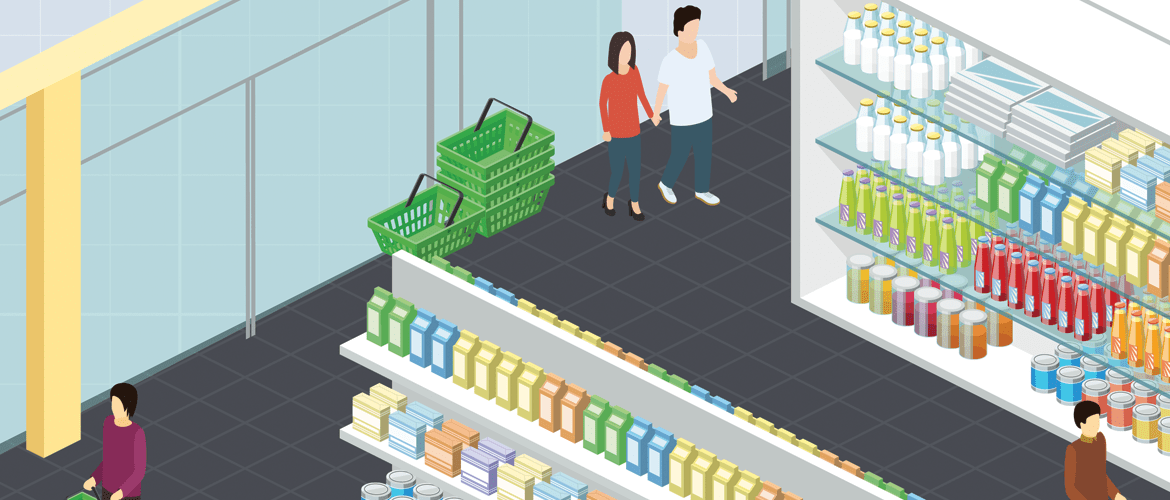 illustration of the modern convenience store, showing technology in place to provide a better experience 