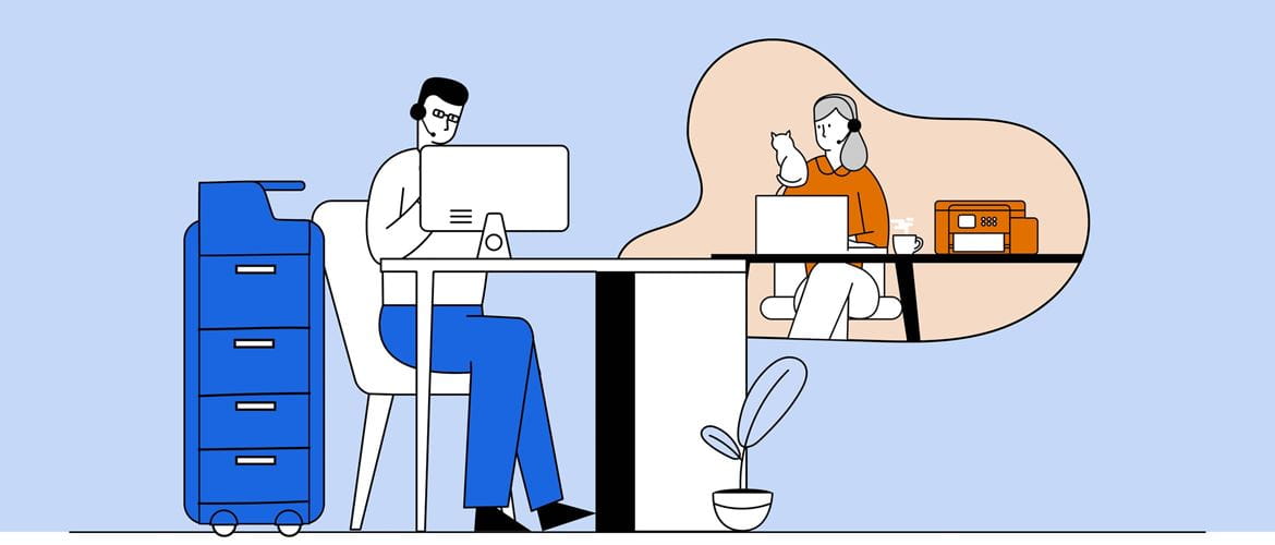 Illustration of a man working next to a large printer in an office environment, working with a woman shown in a bubble, who is working from home with her cat