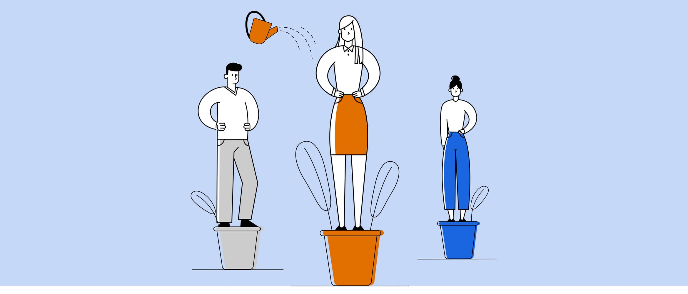 Illustration of two women and a man standing on plant pots, a watering can is sprinkling water over the lady who is in the middle and in the foreground