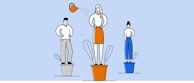 Illustration of two women and a man standing on plant pots, a watering can is sprinkling water over the lady who is in the middle and in the foreground