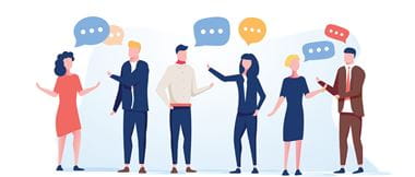 Illustration of a group of people with speech bubbles to represent networking at a business conference