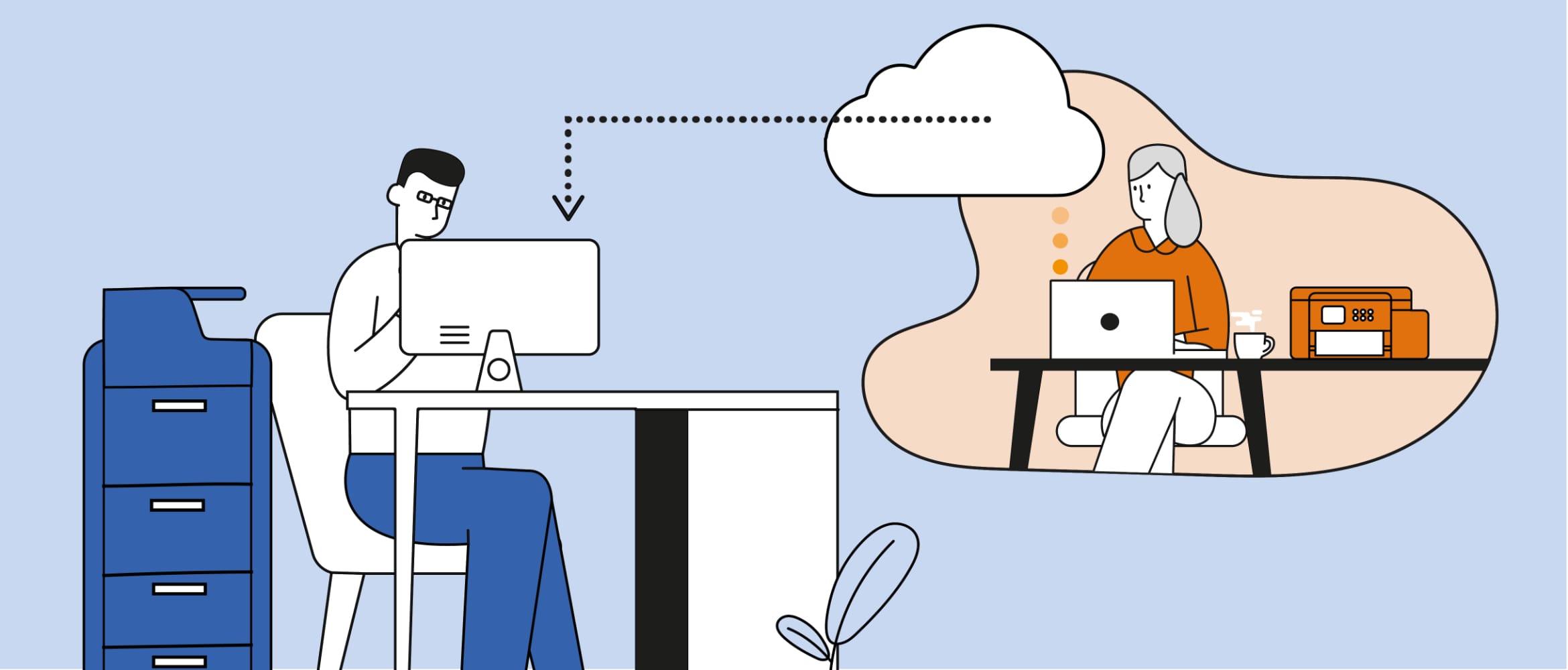 Illustration of a man using a computer while sat at a desk with a large printer to his left, on his right is a female employer remotely managing in an office environment through the cloud