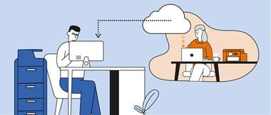 Illustration of a man using a computer while sat at a desk with a large printer to his left, on his right is a female employer remotely managing in an office environment through the cloud