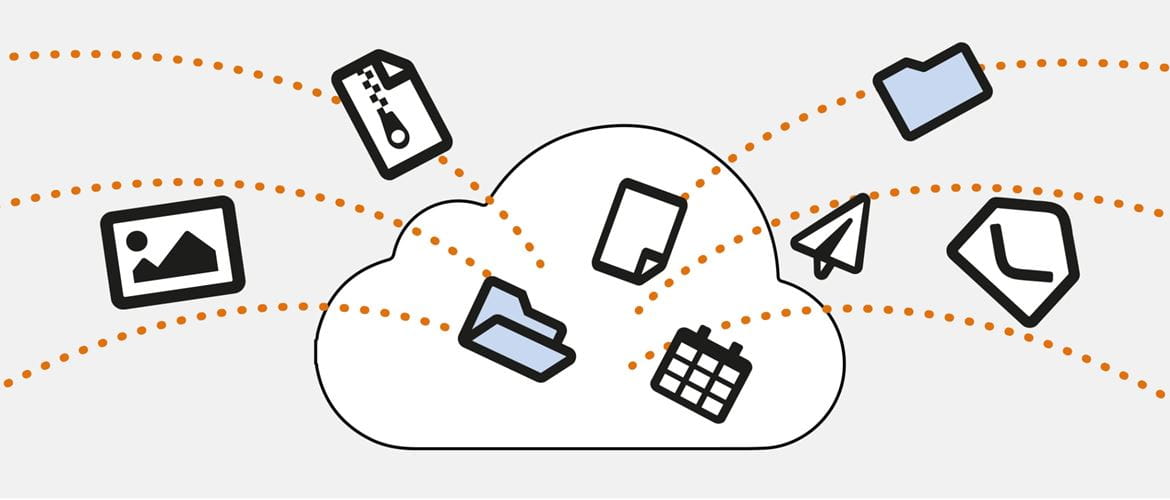 Illustration of various file, folder and media icons being pulled into a large cloud, representing the advantages of cloud storage